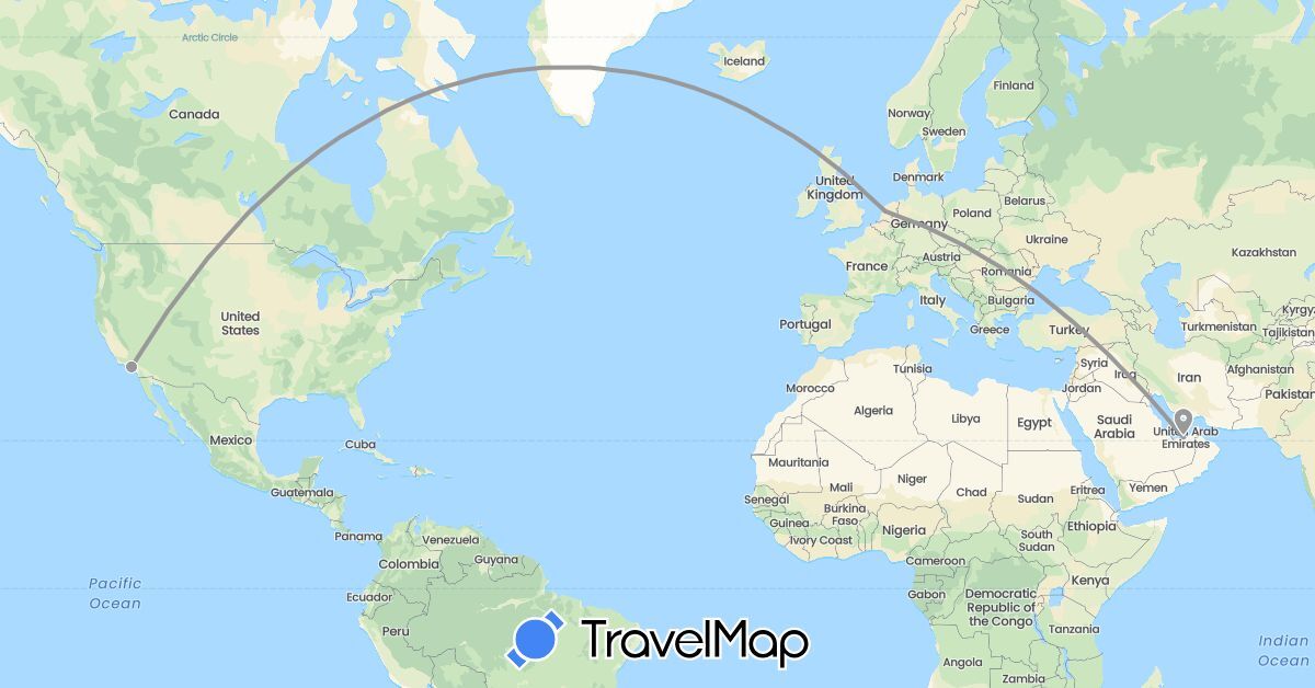 TravelMap itinerary: driving, plane in United Arab Emirates, Netherlands, United States (Asia, Europe, North America)